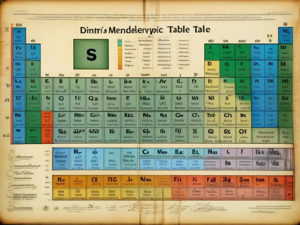 Una imagen detallada muestra la tabla periódica escrita a mano por Dmitri Mendeléyev