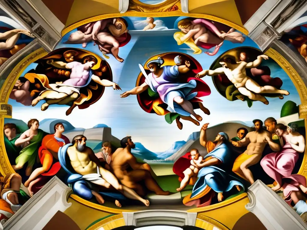 Majestuosa obra maestra: El techo de la Capilla Sixtina, Michelangelo - Una imagen detallada del techo de la Capilla Sixtina, con frescos icónicos de Miguel Ángel como 'La Creación de Adán' y 'El Juicio Final'