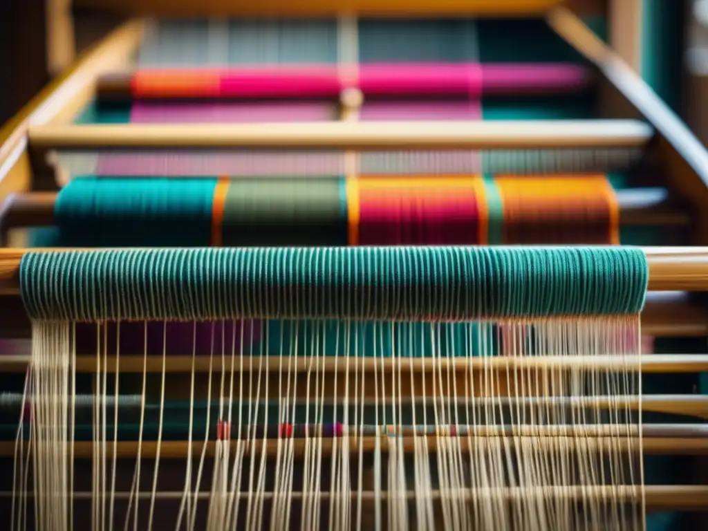 Una imagen detallada de un telar indígena tradicional, mostrando hilos coloridos en patrones intrincados