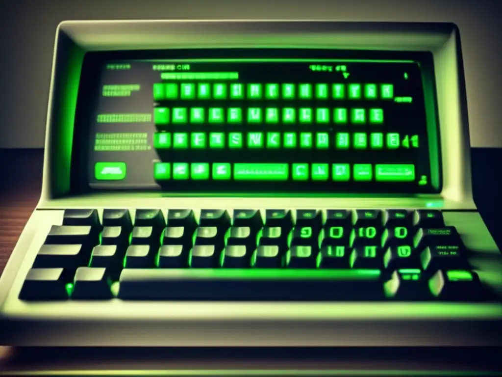 Una imagen detallada de un terminal de ordenador vintage, con texto verde parpadeante en la pantalla y un teclado desgastado