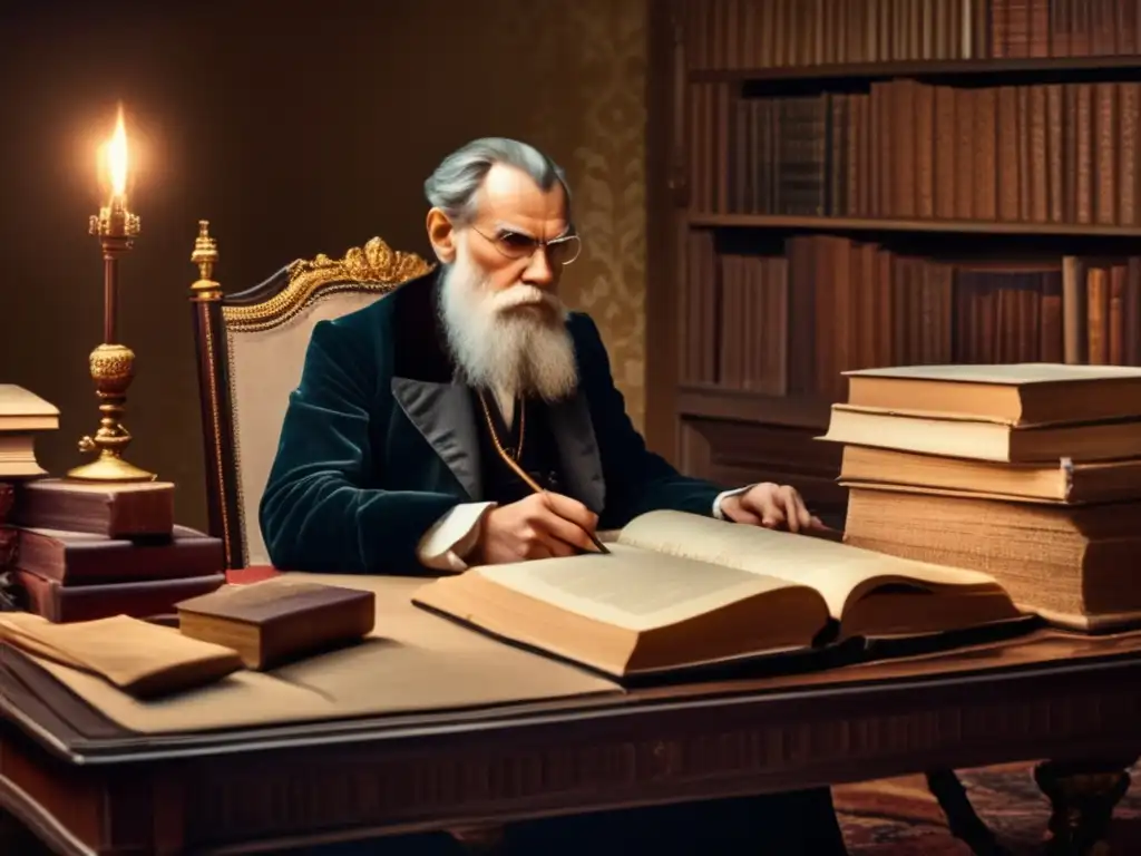 Una imagen detallada de Leo Tolstoy en su escritorio, rodeado de libros y papeles
