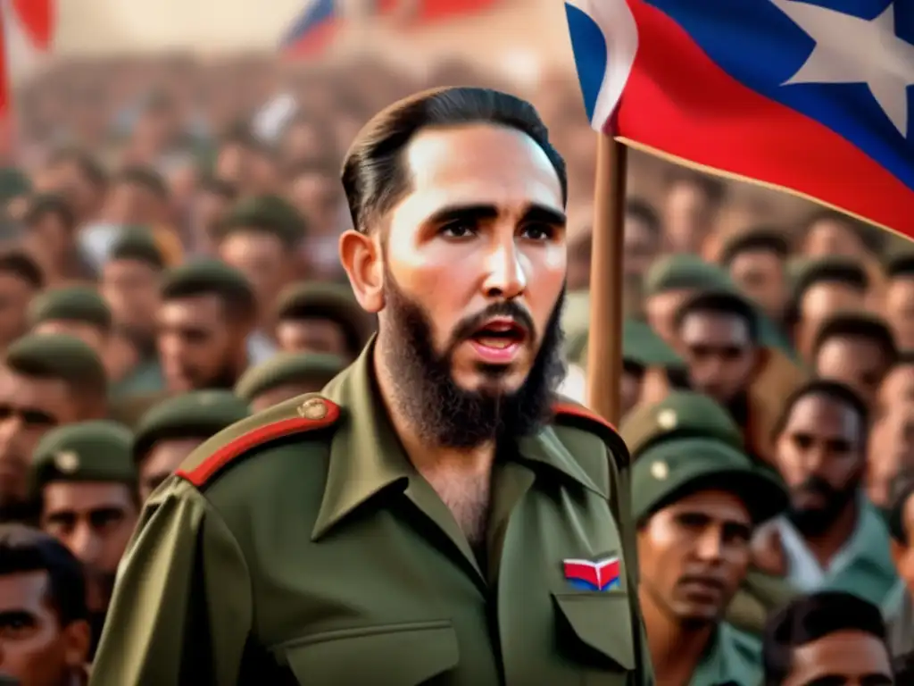 Una imagen 8k detallada de Fidel Castro en uniforme militar, hablando apasionadamente a sus seguidores con banderas cubanas al fondo