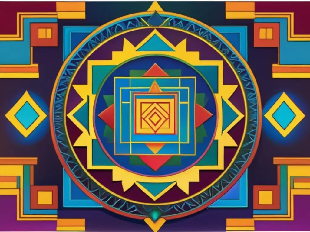 Una imagen detallada de un vibrante yantra con patrones geométricos precisos en colores ricos y profundos, irradiando energía divina y significado espiritual