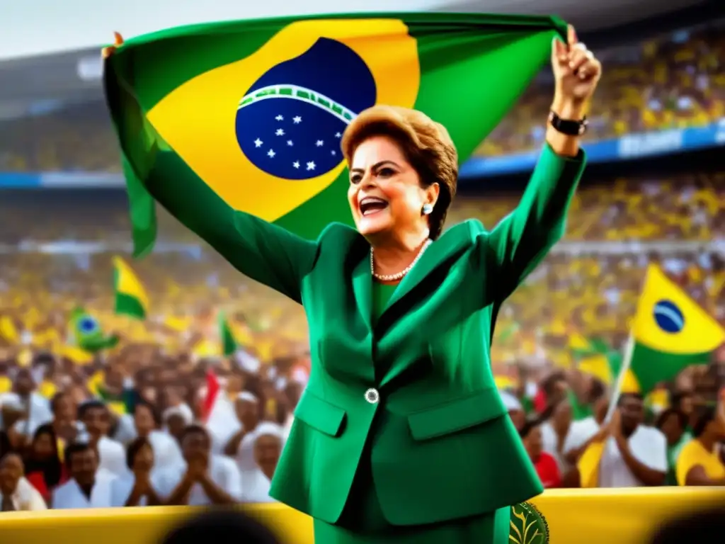 Una imagen de alta resolución de Dilma Rousseff dando un apasionado discurso en un mitin político, con una bandera de Brasil ondeando al fondo