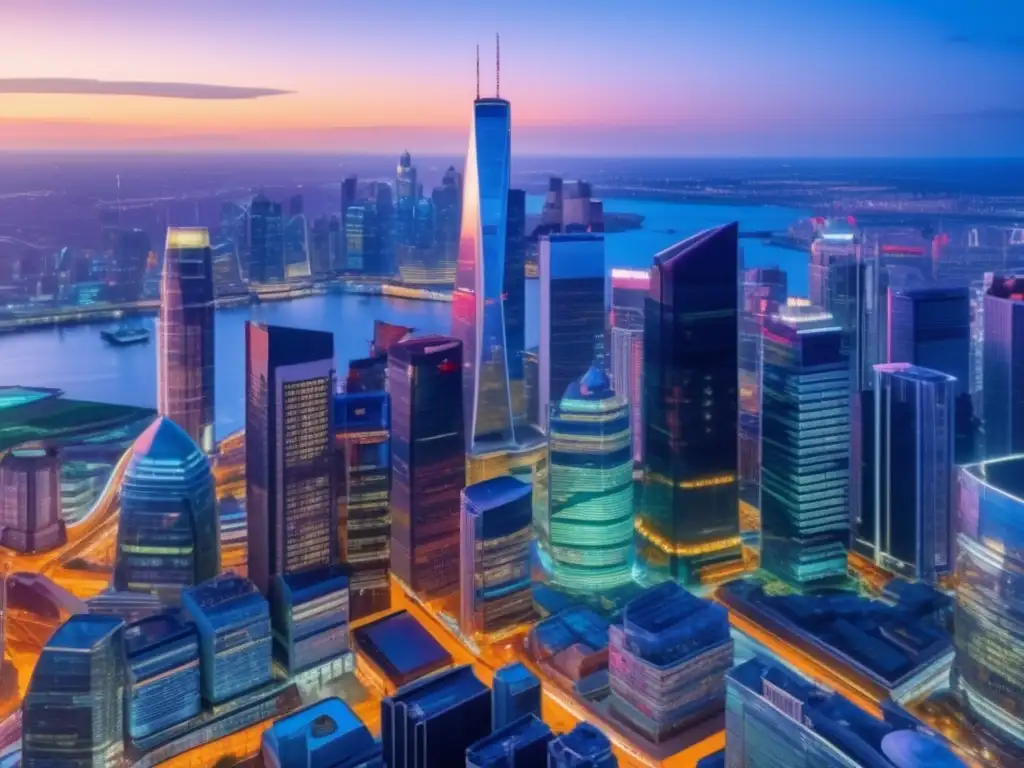 La imagen muestra el dinamismo de una ciudad moderna al anochecer, con rascacielos iluminados y calles bulliciosas