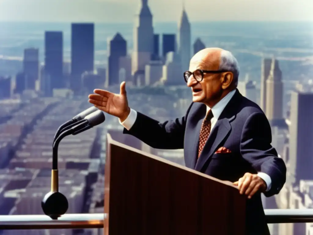 En la imagen, Milton Friedman pronuncia un discurso apasionado durante la crisis del petróleo, con una ciudad bulliciosa de fondo