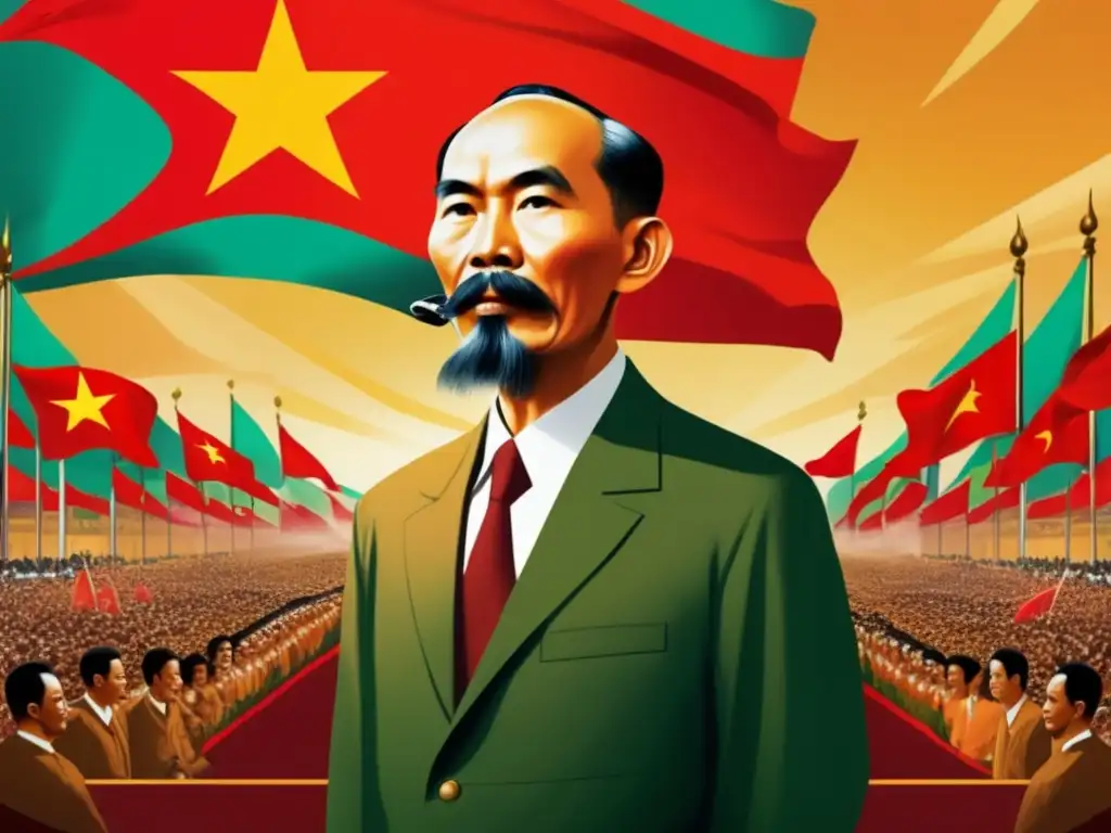 Ho Chi Minh unificación Vietnam guerra: Imagen de alta resolución de Ho Chi Minh en un discurso apasionado, con multitud y banderas vietnamitas