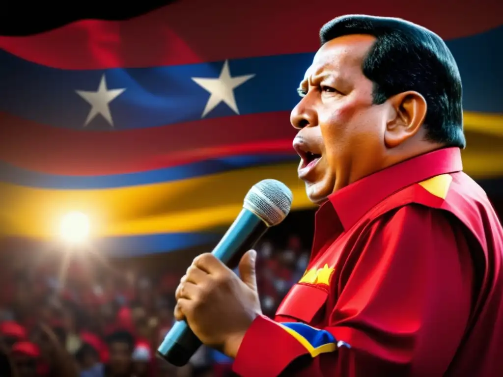 En la imagen, Hugo Chávez lidera un discurso apasionado ante una multitud con expresiones mixtas, capturando su liderazgo polémico en Venezuela