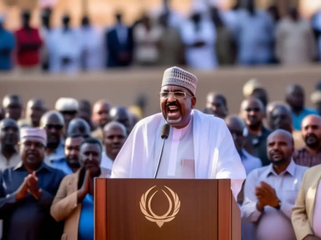 Una imagen de alta resolución de Omar al-Bashir dando un discurso en un mitin político, con una multitud de seguidores animando en el fondo