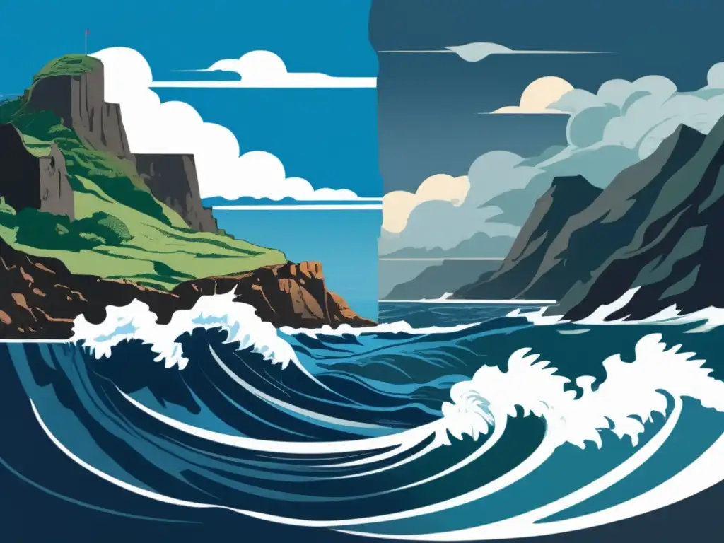 Una imagen dividida en dos mitades: un paisaje sereno de isla y un mar tormentoso