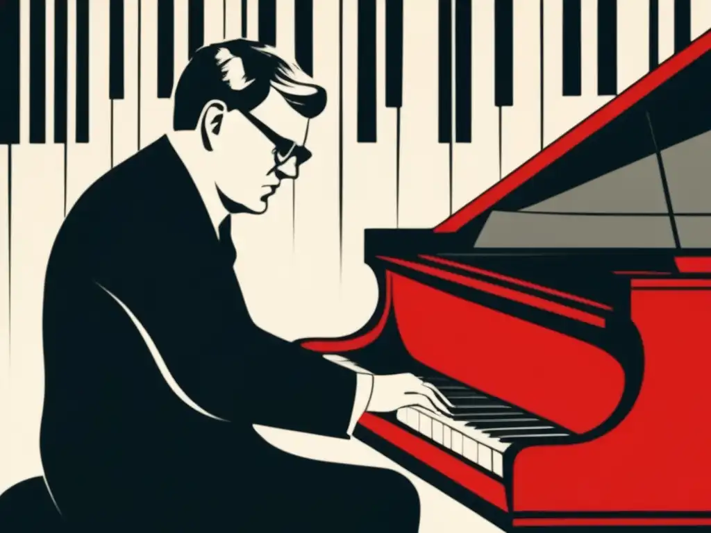 La imagen muestra a Dmitri Shostakovich tocando el piano rodeado de figuras sombrías, reflejando la opresión del régimen soviético