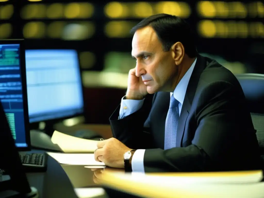En la imagen, Richard Fuld, CEO de Lehman Brothers, revisa documentos en una oficina moderna y sofisticada, reflejando la intensidad de su rol