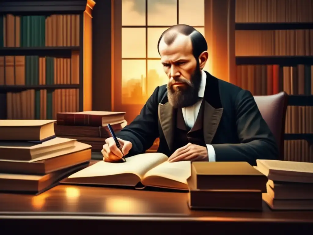 En la imagen, Dostoievski está inmerso en su escritura, rodeado de libros y papeles, con una intensa concentración en su rostro
