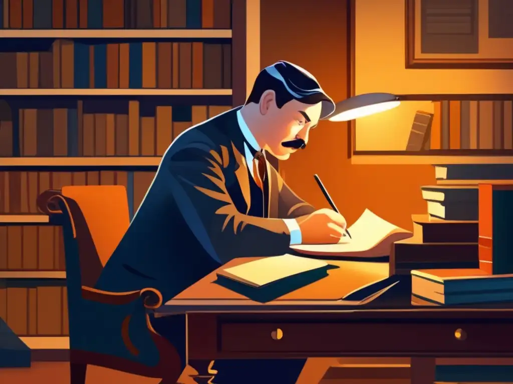En la imagen se ve a Arthur Conan Doyle escribiendo en su escritorio, rodeado de libros y papeles, con una lámpara iluminando su expresión concentrada