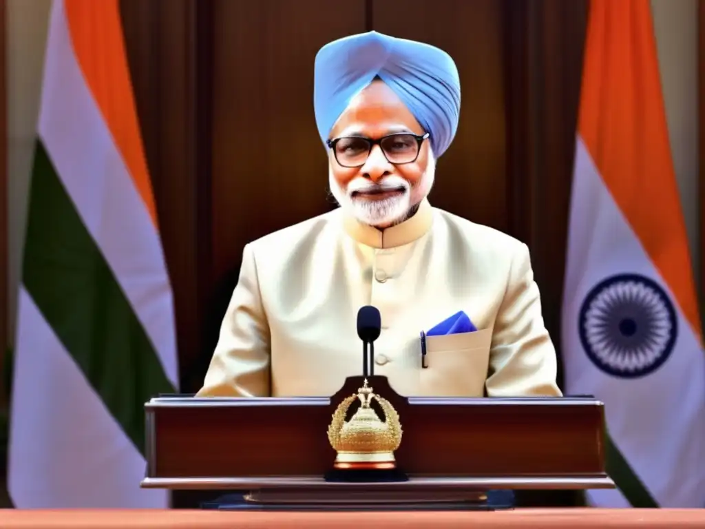 La imagen muestra la transformación de Manmohan Singh de economista a Primer Ministro, con una estética moderna y profesional
