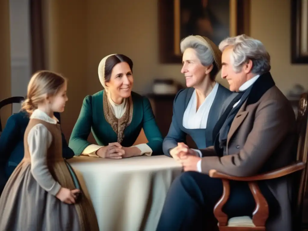 Encuentro familiar: Catherine Booth lidera con compasión y propósito Una imagen de Catherine Booth, madre del Ejército de Salvación, liderando a su familia en una conversación significativa o trabajando juntos en un proyecto social