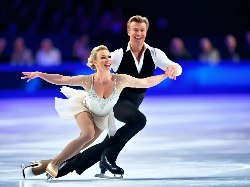 Una imagen de la biografía de Jayne Torvill y Christopher Dean mientras ejecutan un elegante baile sobre hielo, con la audiencia admirando su espectáculo