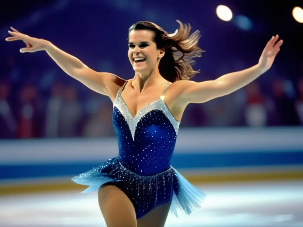 La imagen muestra a Katarina Witt deslizándose elegante sobre el hielo, reflejando su pasión por el patinaje artístico
