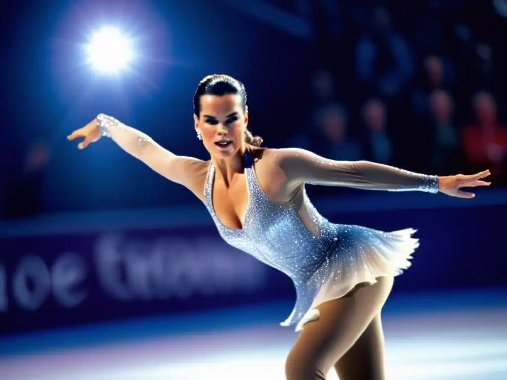 La imagen muestra a Katarina Witt realizando una elegante rutina de patinaje artístico, destacando su gracia y destreza