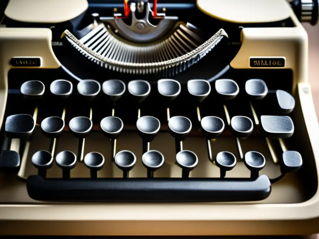 Una imagen emocionante de una máquina de escribir vintage con una hoja en blanco, mostrando los detalles de las teclas y la textura del papel