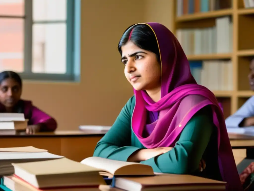 En la imagen, Malala Yousafzai imparte una emotiva lección a estudiantes diversos en un aula llena de libros