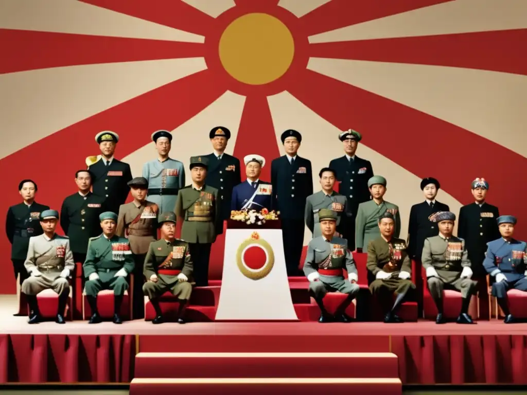En la imagen, el Emperador Hirohito en su regalia militar, rodeado de altos mandos y banderas japonesas