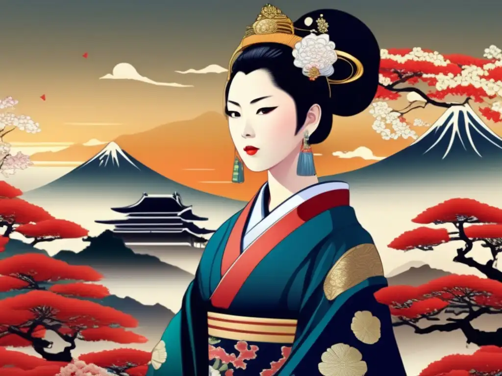 La legendaria fuerza de la Emperatriz Jingu: Arte digital impactante La imagen muestra a la Emperatriz Jingu conquistadora Japón biografía en un paisaje exuberante, radiante de fuerza y liderazgo