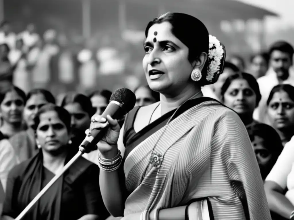 En la imagen, Kamaladevi Chattopadhyay empodera a una multitud diversa de mujeres en un evento público en India postindependencia