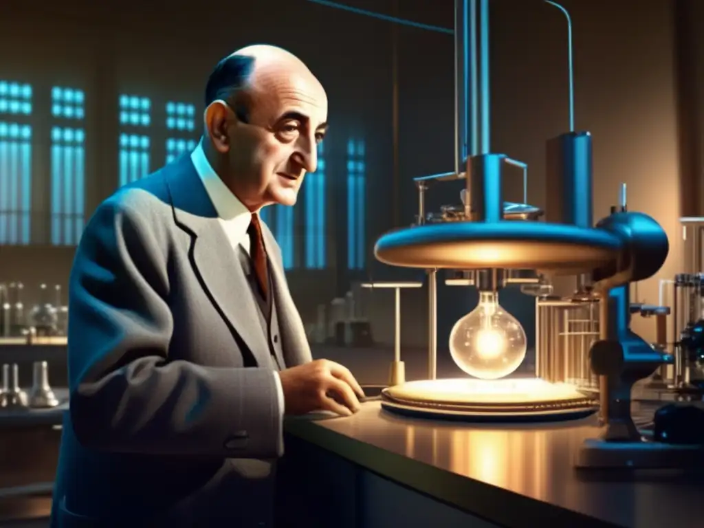 En la imagen, Enrico Fermi, arquitecto nuclear, se encuentra inmerso en un experimento innovador en su laboratorio, iluminado por haces de luz
