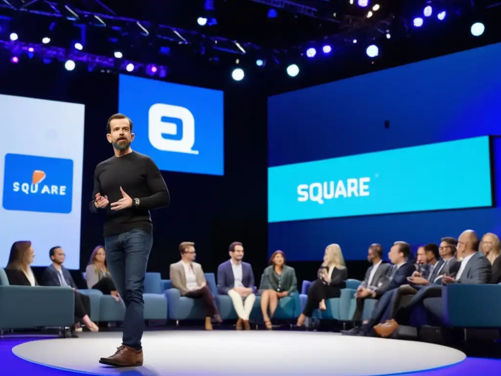 En la imagen, Jack Dorsey y el equipo de Square hablan apasionadamente sobre el futuro de la tecnología financiera en una conferencia