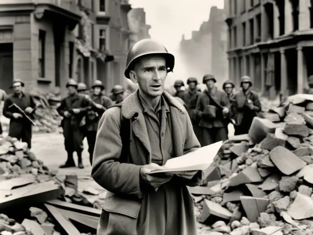 En la imagen, Ernie Pyle observa la devastación de la Segunda Guerra Mundial, rodeado de soldados y civiles