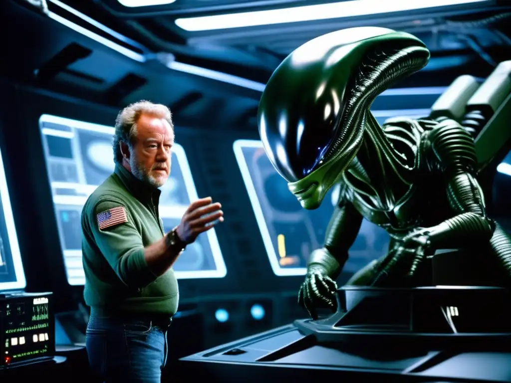 La imagen muestra a Ridley Scott dirigiendo una escena de 'Alien', destacando su enfoque intenso y el entorno futurista