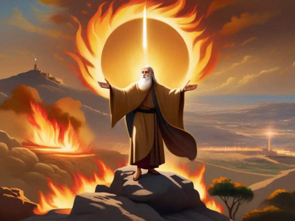 En la imagen, el Profeta Elías desafía la idolatría en una escena intensa, rodeado de fuego en el Monte Carmelo