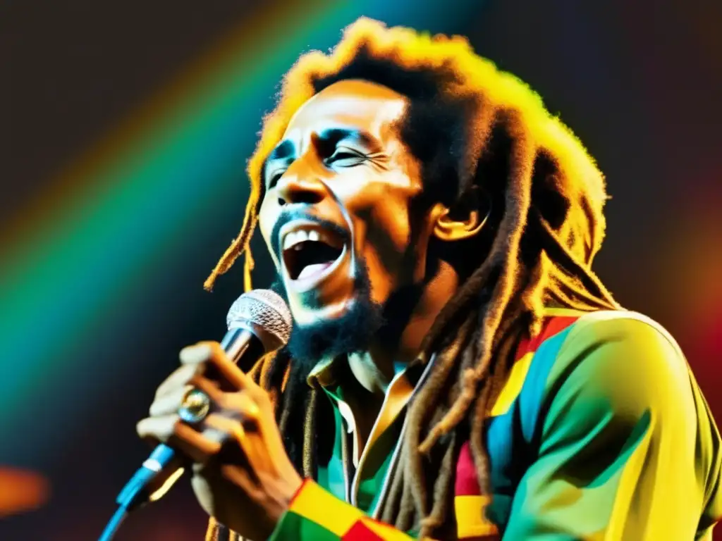 La imagen muestra a Bob Marley en el escenario, con luces de colores iluminando su rostro mientras canta apasionadamente al micrófono