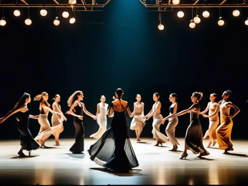 Una imagen de alta resolución de Pina Bausch en el escenario, rodeada de bailarines en una coreografía emotiva