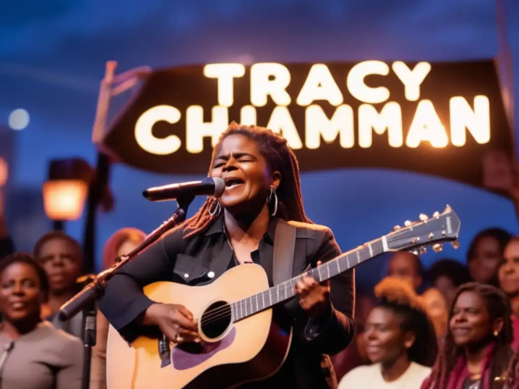 Una imagen de Tracy Chapman cantando en un escenario, rodeada de un público diverso y comprometido con pancartas de justicia social