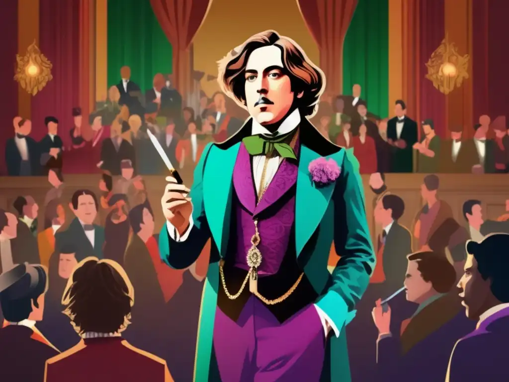 En la imagen, Oscar Wilde destaca en un escenario, rodeado de gente, con pluma en mano y un traje vibrante