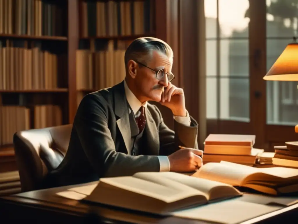 En la imagen, James Joyce se sienta en su escritorio, inmerso en sus pensamientos mientras contempla la página