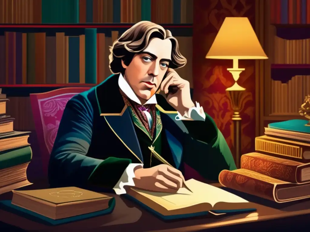 En la imagen, Oscar Wilde reflexiona en un escritorio lujoso rodeado de libros, con una expresión contemplativa