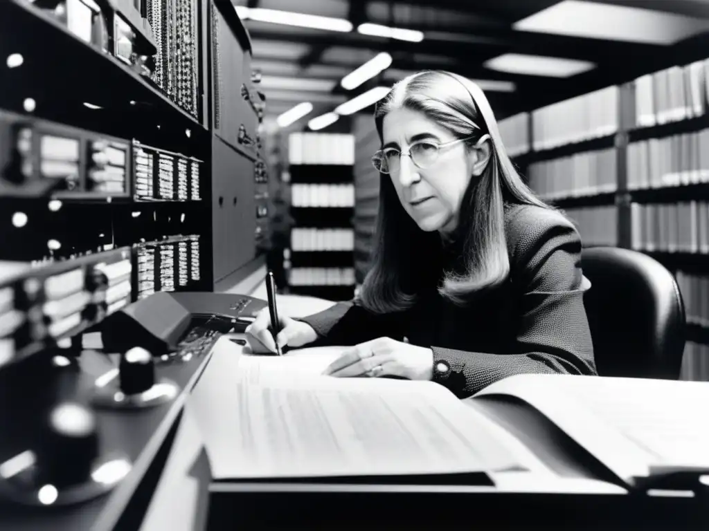 En la imagen se ve a Margaret Hamilton trabajando en su escritorio rodeada de pilas de papel con líneas de código