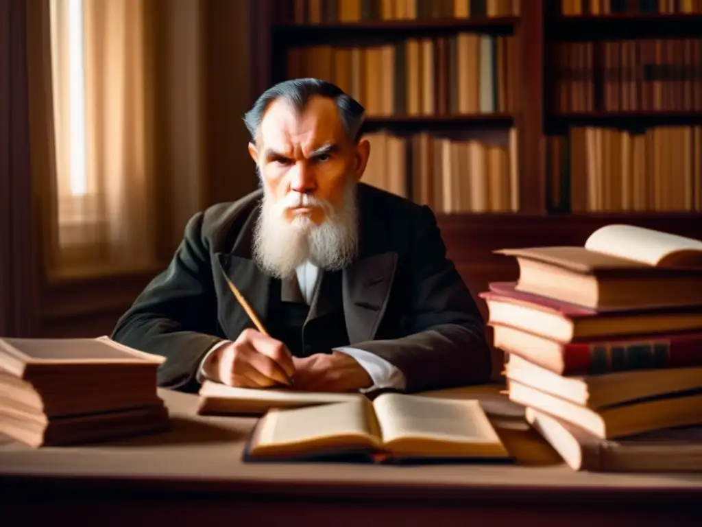 En la imagen, Leo Tolstoy reflexiona en su escritorio, rodeado de libros y papeles, con una expresión intensa