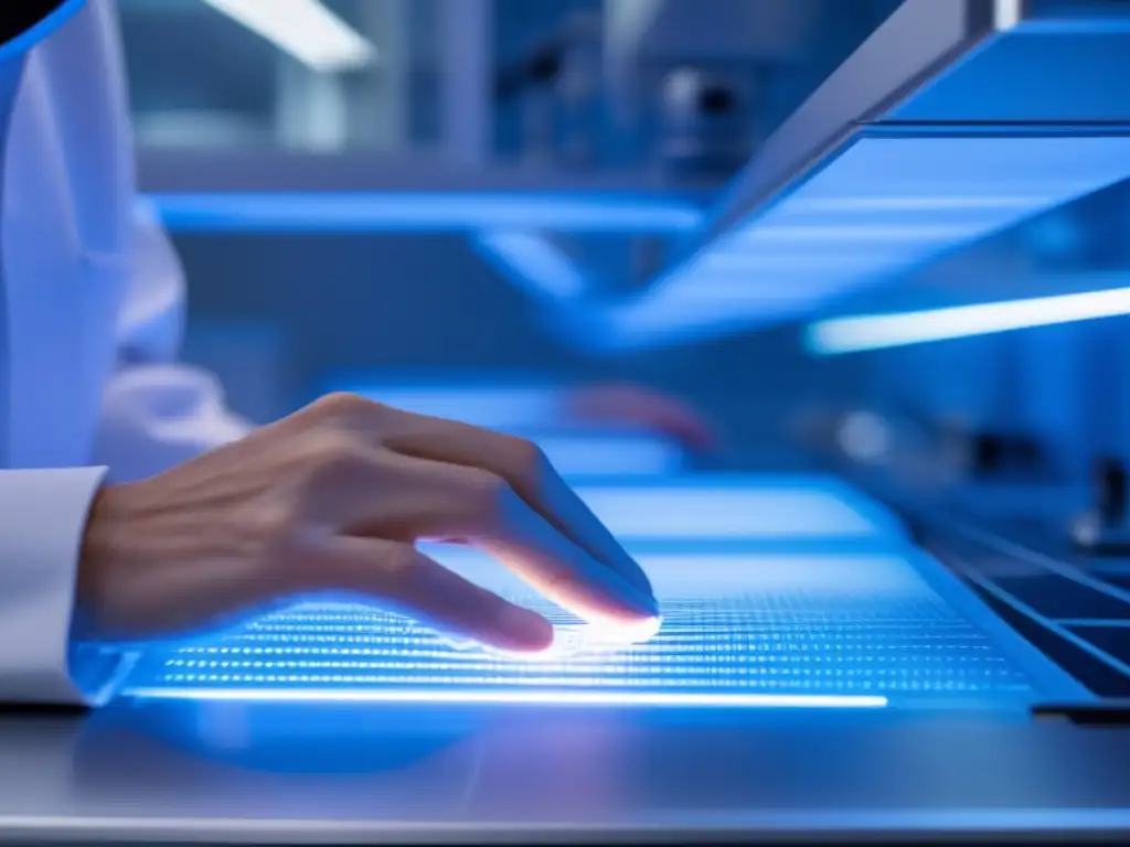 En la imagen, Jean Hoerni trabaja con esmero en un wafer de silicio en un laboratorio de última generación, iluminado por una luz azul suave