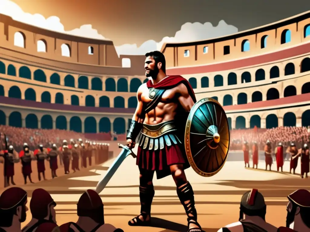 En la imagen se representa a Espartaco, líder rebelde romano, desafiante en el Coliseo romano, rodeado de una multitud y soldados romanos
