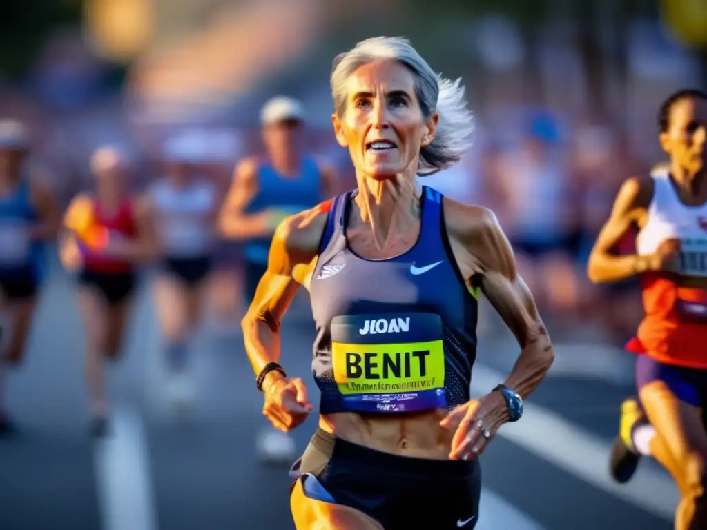 En la imagen, Joan Benoit corre la maratón al amanecer con determinación y esperanza, destacando su moderna vestimenta y la multitud animándola