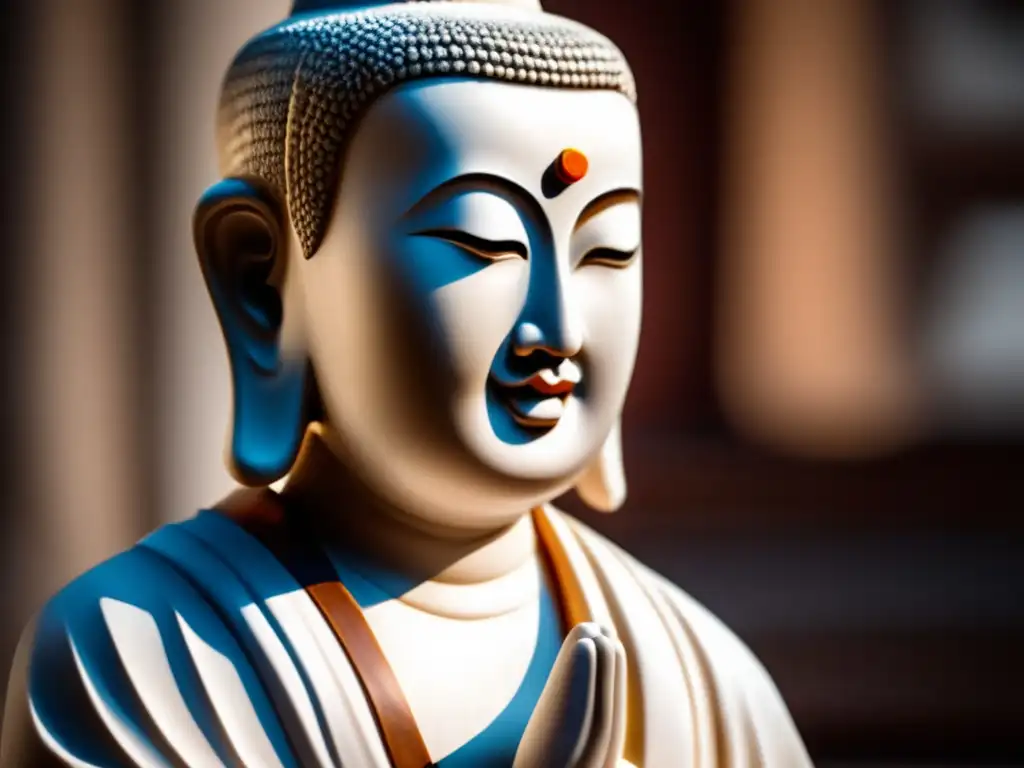 La imagen muestra una estatua serena de Wonhyo, un venerado monje budista de la antigua Corea, en una pose meditativa