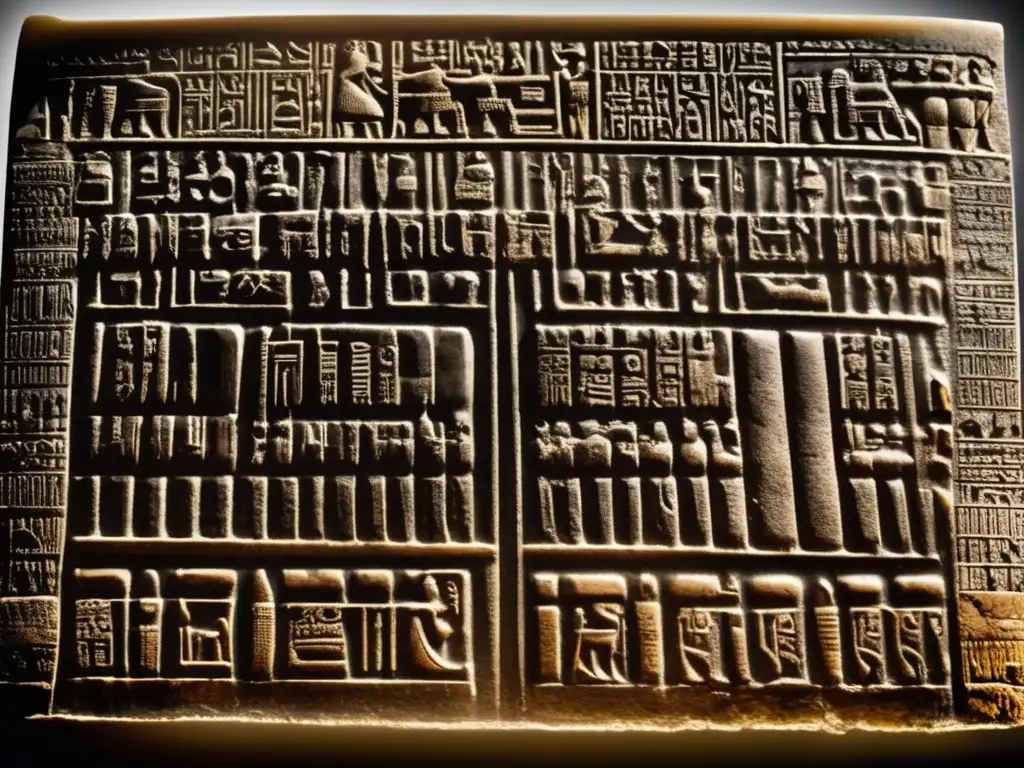 La imagen muestra la estela del Código de Hammurabi de Babilonia con intrincadas inscripciones cuneiformes claramente visibles