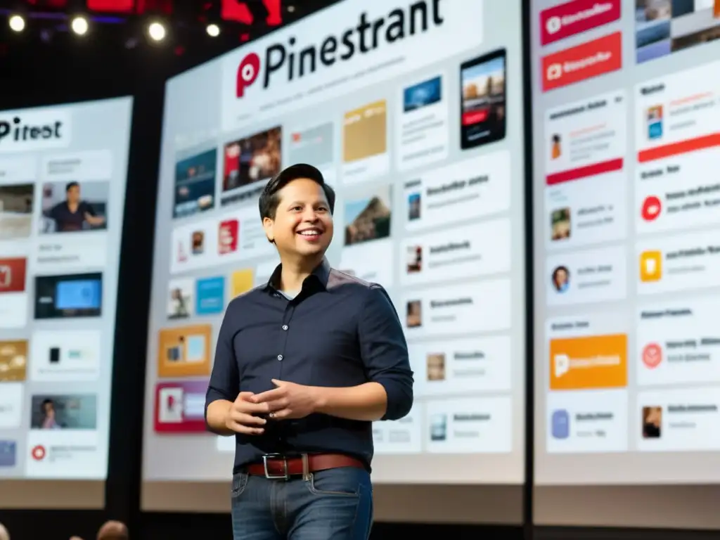 En la imagen, Ben Silbermann, CEO de Pinterest, discute estrategias de éxito con su equipo frente a una pantalla digital