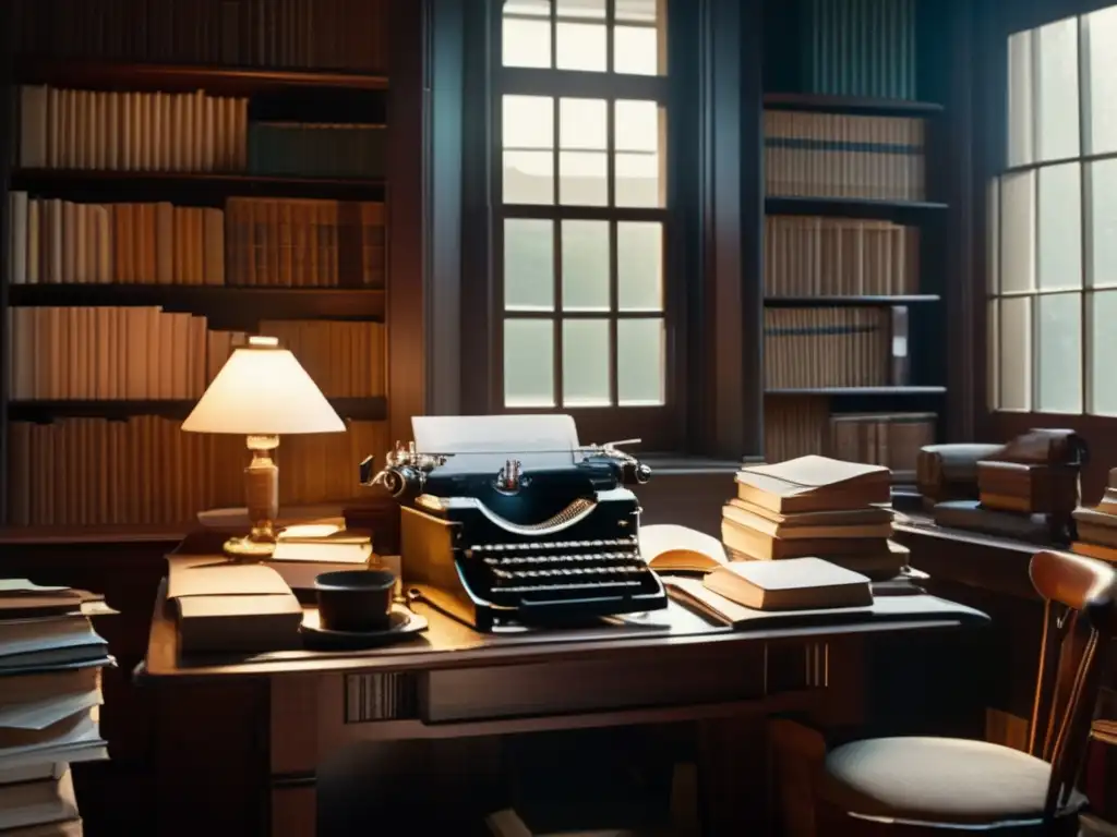 La imagen muestra el estudio de Bertrand Russell, con un escritorio desordenado, libros y una máquina de escribir