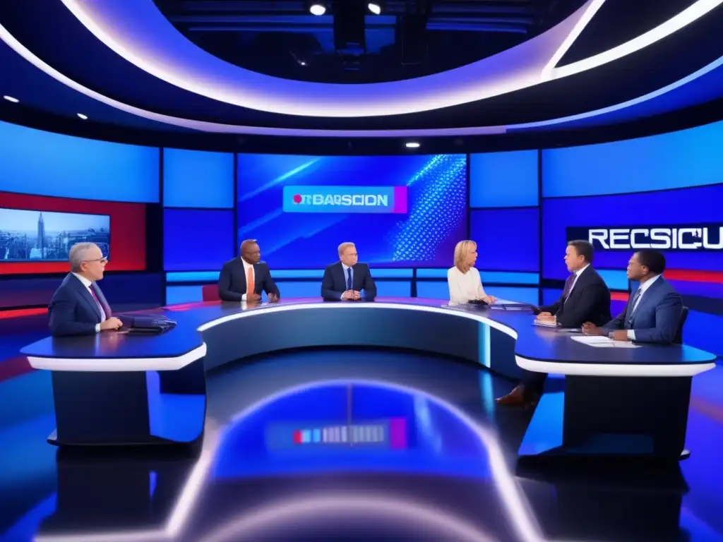 En la imagen se muestra un estudio de televisión moderno con analistas políticos en la TV participando en una animada discusión en vivo
