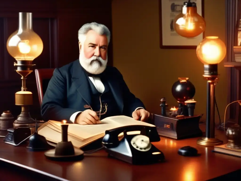 En la imagen, Alexander Graham Bell trabaja en su estudio rodeado de dispositivos de comunicación antiguos, sumergido en la innovación de la época